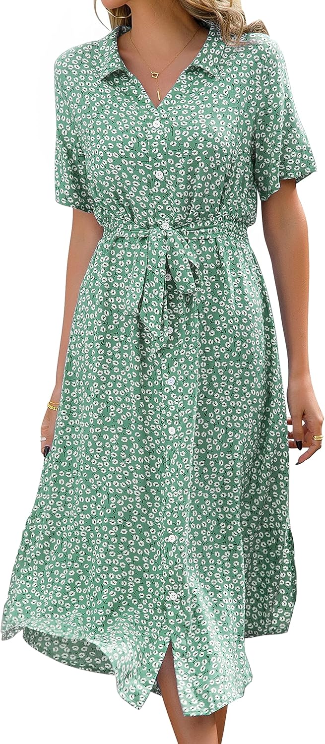 Wena Abito Estivo Donna – Vestito Midi Floreale con Scollo a V, Cintura e Spacco
