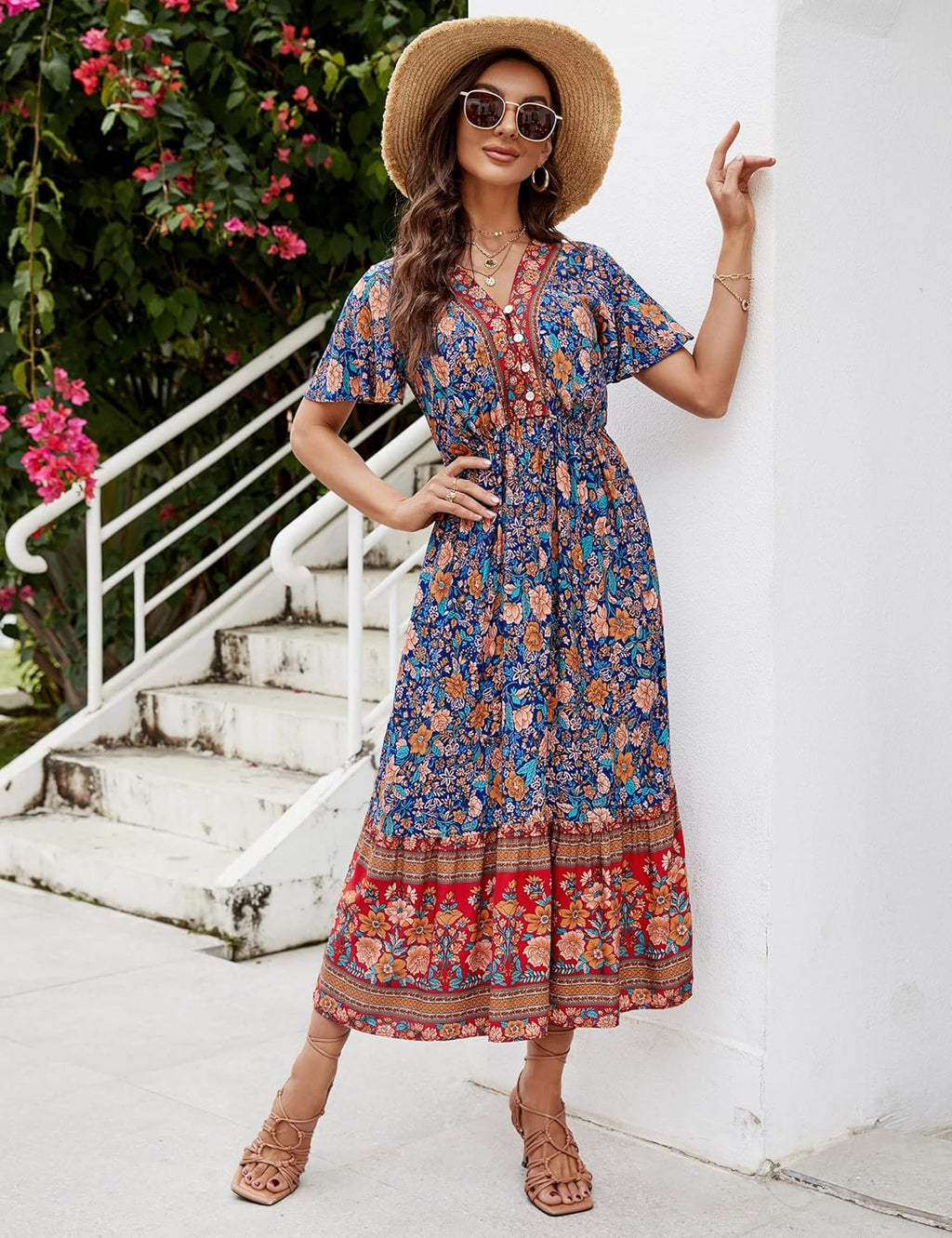 Elisa vestido bohemio midi para mujer – vestido de verano floral con escote en V y volantes