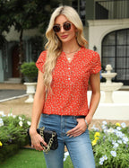 Beatrice Blouse Femme Élégante – Col en V, Boutons, Manches Courtes, Chic Décontracté