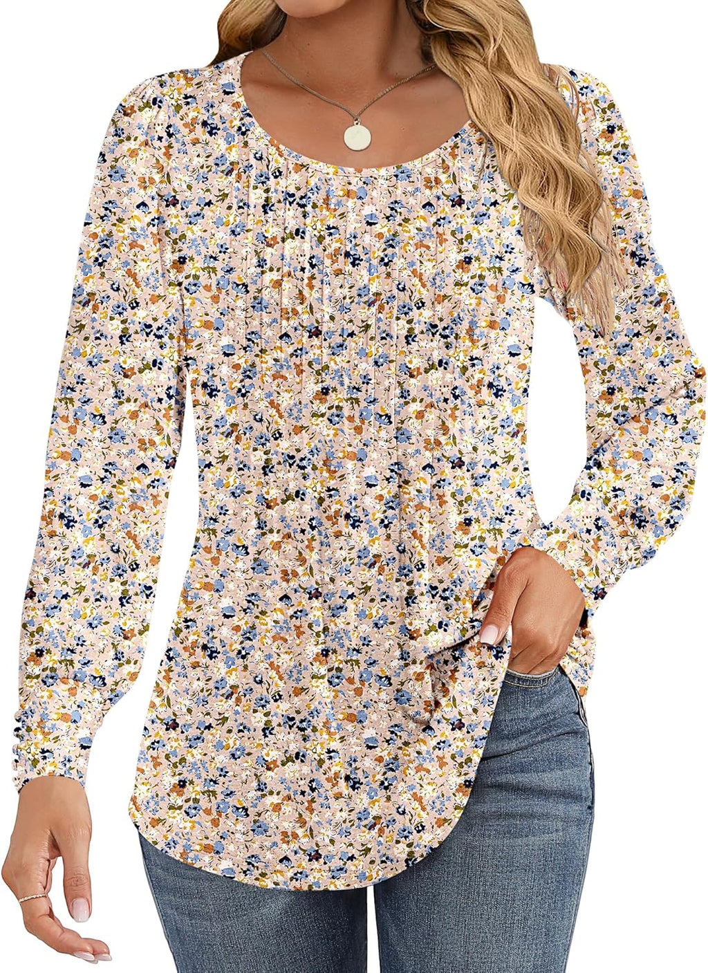 Chiara Blouse Femme – Tunique Plissée, Manches Longues Bouffantes, Décontractée Élégante