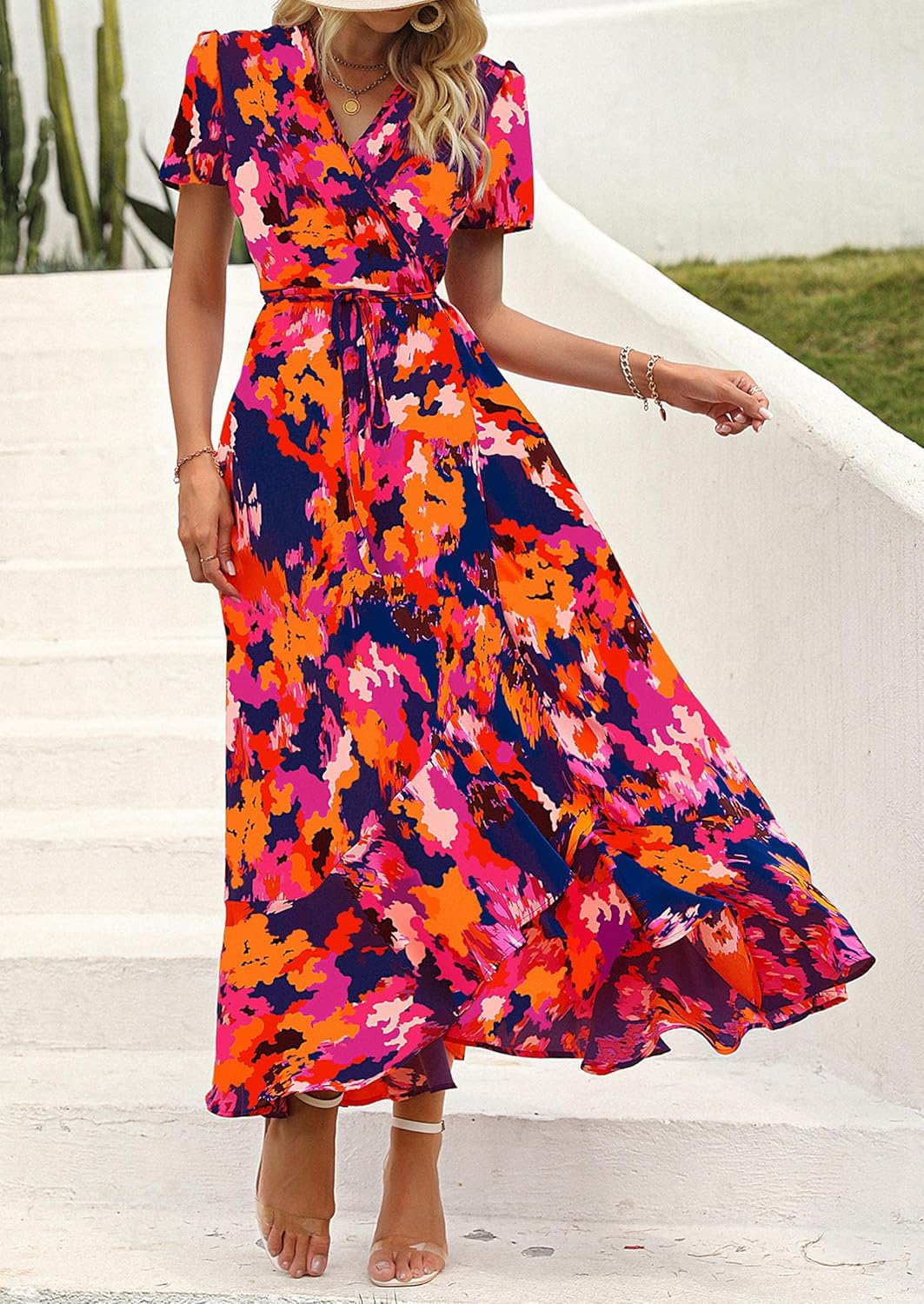 Madriana Robe Femme Maxi Florale – Col en V, Portefeuille, Fente, Ligne A Estivale