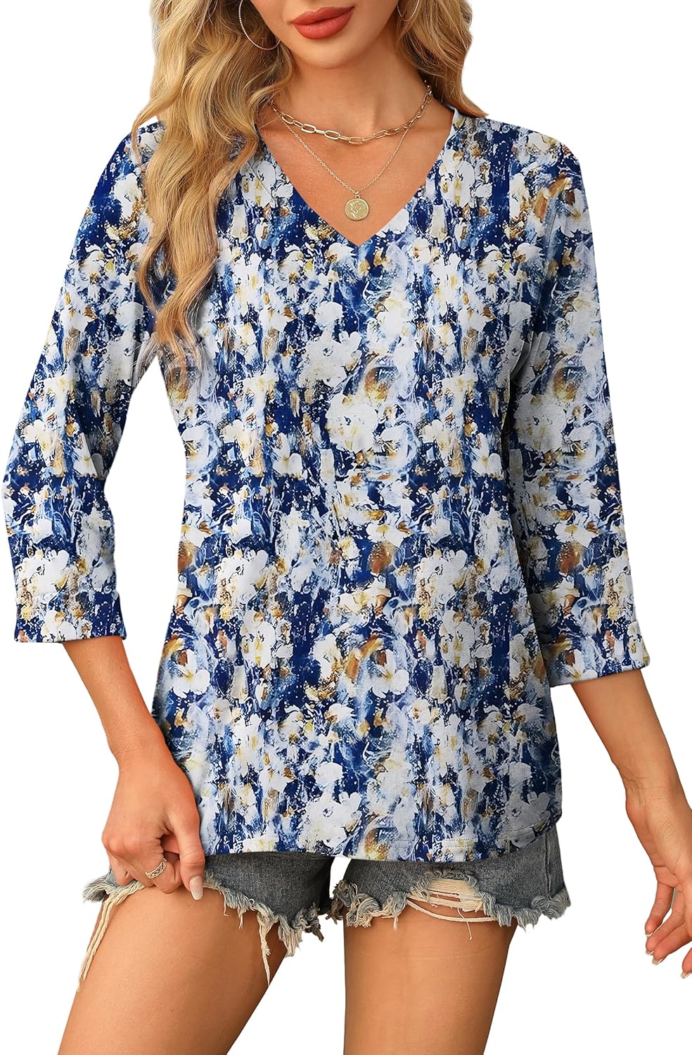 Claudia Túnica Mujer – Escote en V, Mangas 3/4, Blusa Casual Holgada Básica