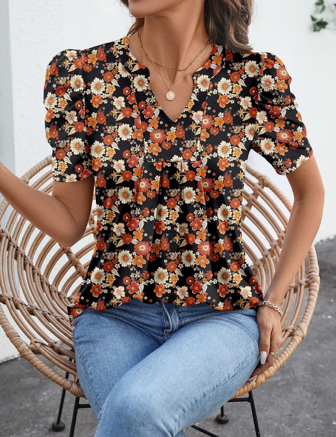 Valentina Haut Femme – Col V, Manches Bouffantes, Blouse Décontractée Élégante