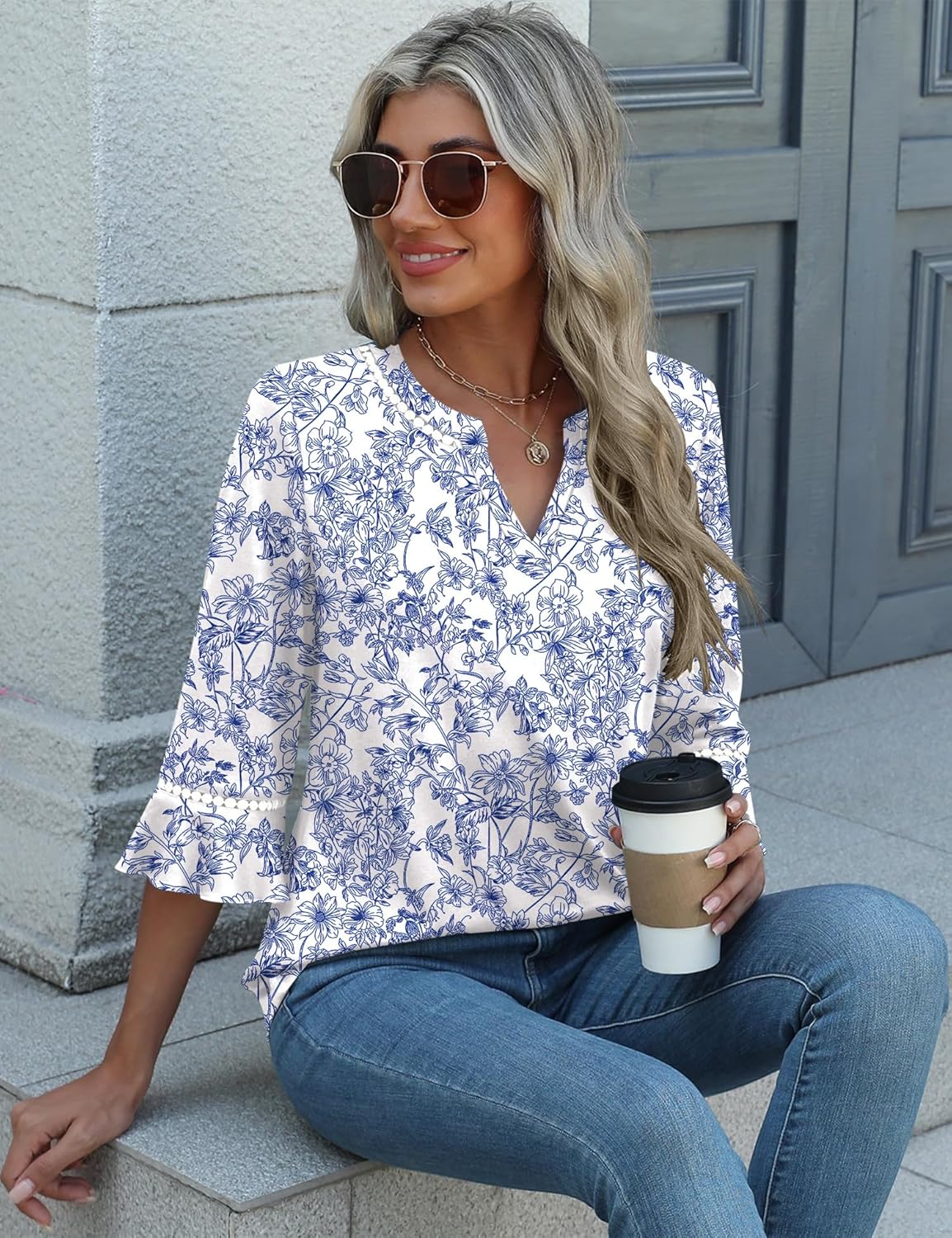 Alessia Túnica Mujer – Escote en V, Mangas 3/4, Dobladillo Curvo, Blusa Elegante Casual