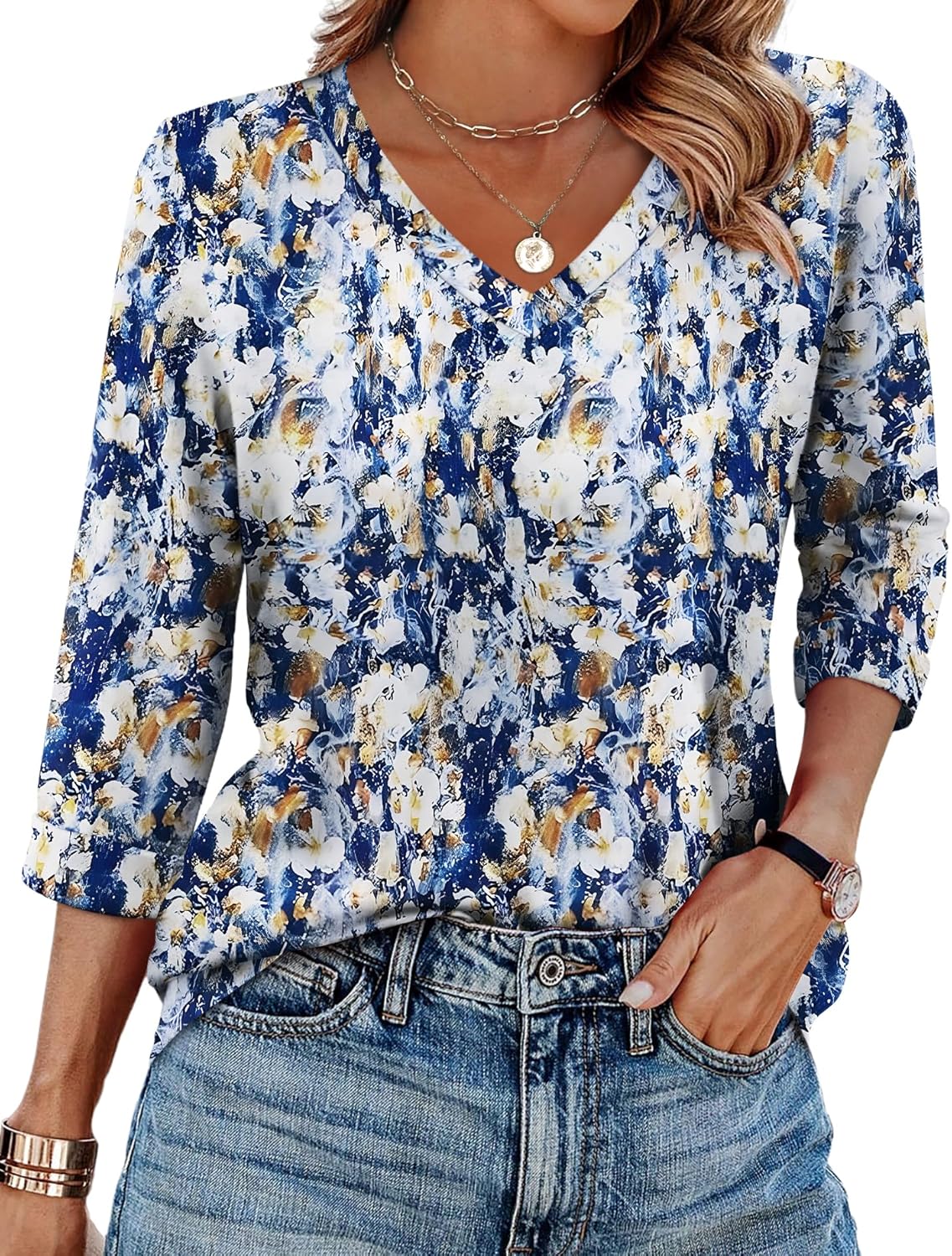 Claudia Túnica Mujer – Escote en V, Mangas 3/4, Blusa Casual Holgada Básica