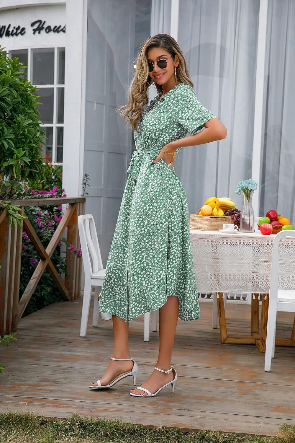 Wena Abito Estivo Donna – Vestito Midi Floreale con Scollo a V, Cintura e Spacco