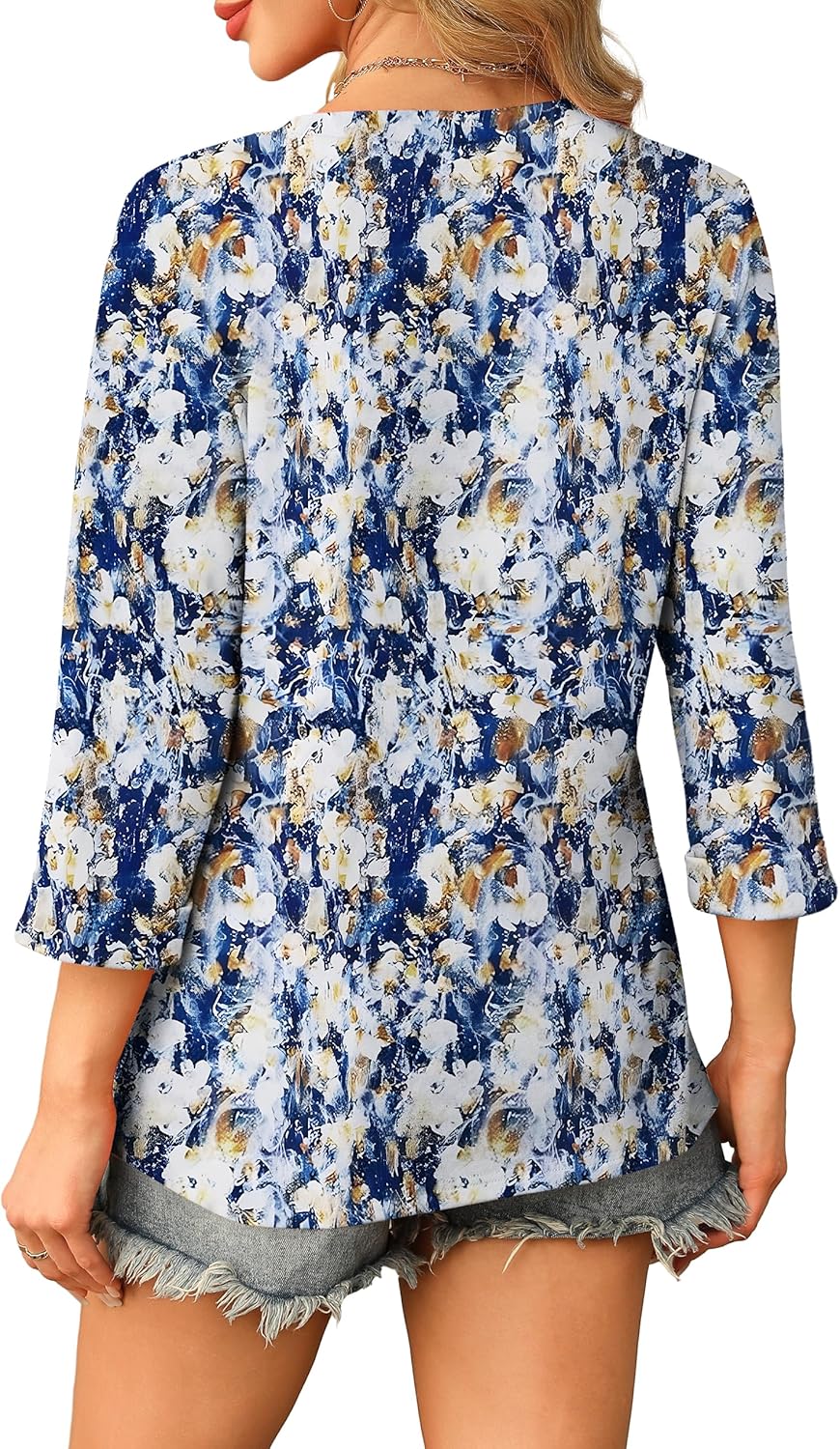 Claudia Túnica Mujer – Escote en V, Mangas 3/4, Blusa Casual Holgada Básica