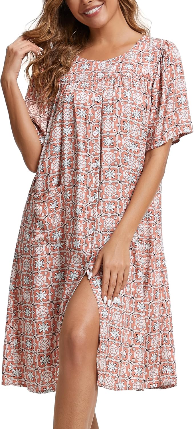 Marta Robe Maison Femme – Robe Confortable en Coton, Boutons et Poches Relax