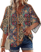 Sofia Blouse Femme – Bohème Florale, Col en V, Manches 3/4, Tunique Décontractée