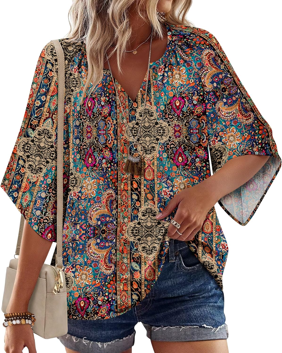 Sofia Blouse Femme – Bohème Florale, Col en V, Manches 3/4, Tunique Décontractée