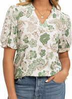 Giulia Blouse Femme – Haut Floral Col V, Manches Courtes Élégant Décontracté