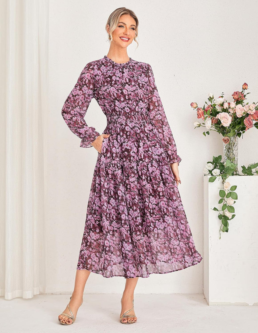 Chiara Robe Femme Maxi en Chiffon – Robe Florale à Manches Longues Élégante