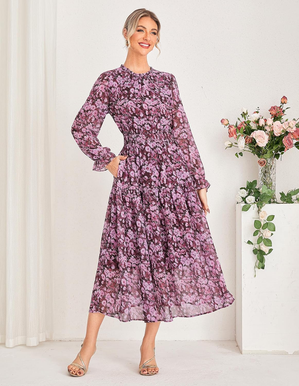 Chiara Robe Femme Maxi en Chiffon – Robe Florale à Manches Longues Élégante