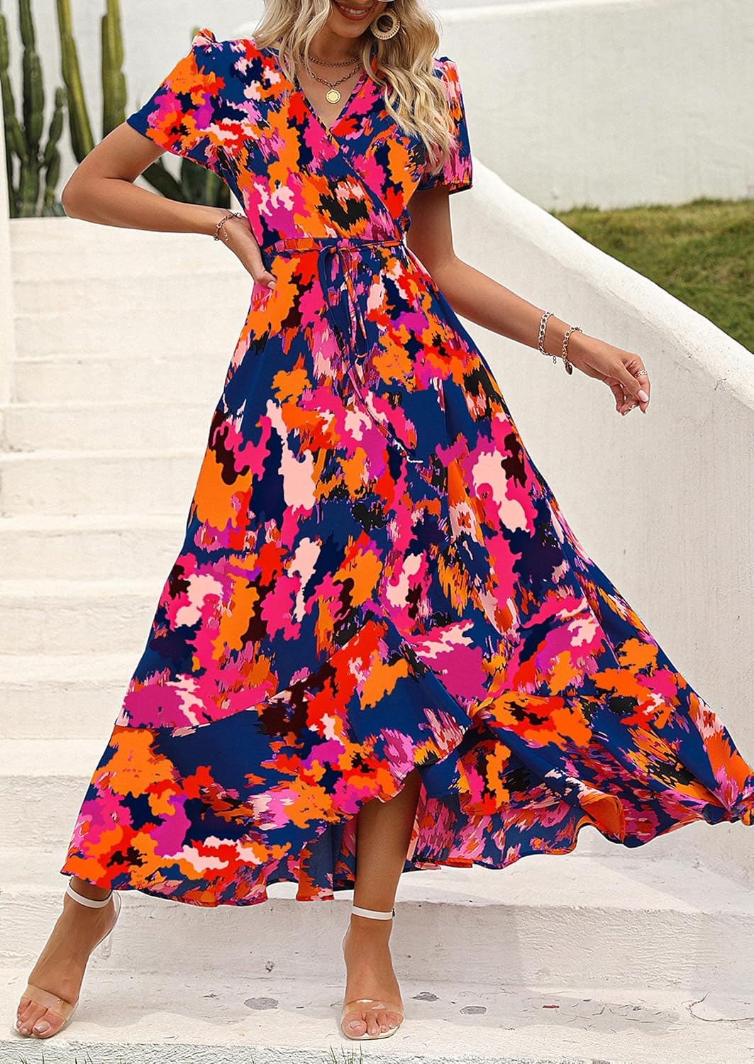Madriana Robe Femme Maxi Florale – Col en V, Portefeuille, Fente, Ligne A Estivale