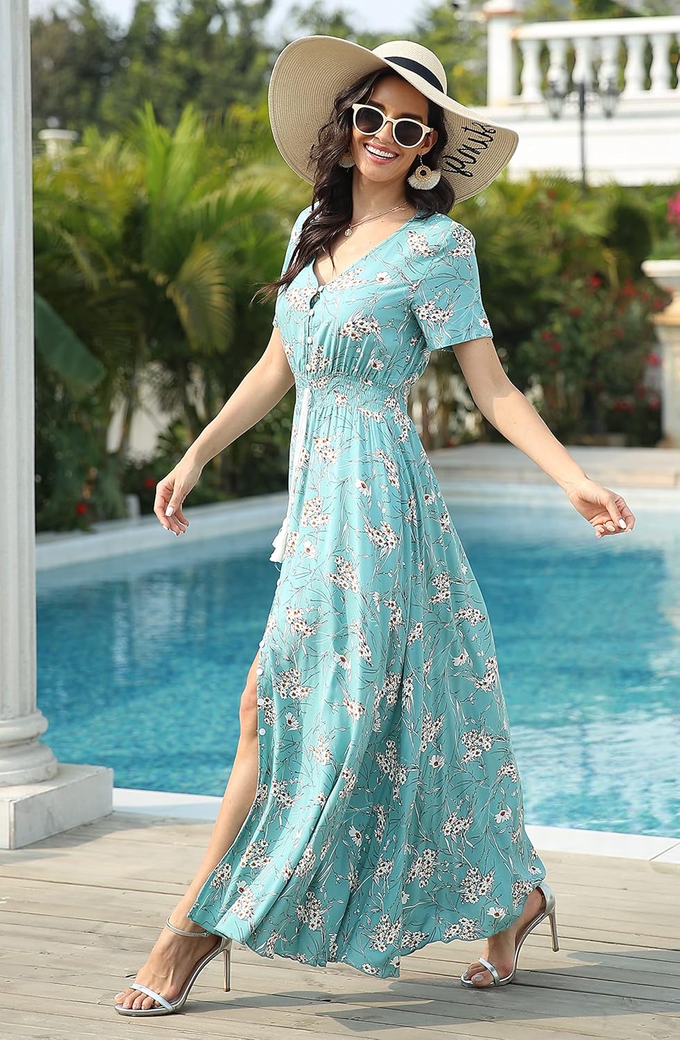 Robe maxi bohème Sienna pour femme – Robe fleurie avec col en V et boutons