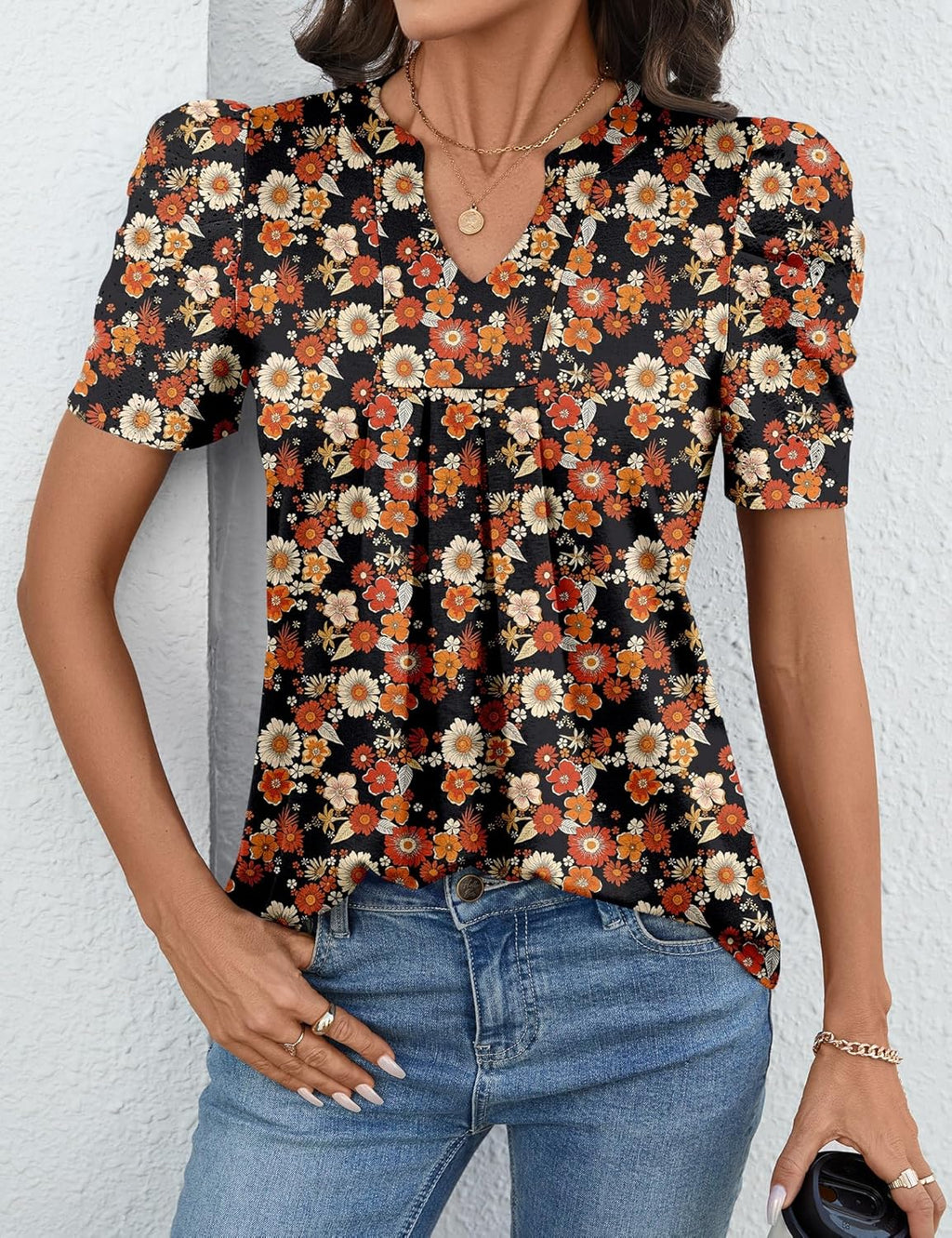 Valentina Haut Femme – Col V, Manches Bouffantes, Blouse Décontractée Élégante