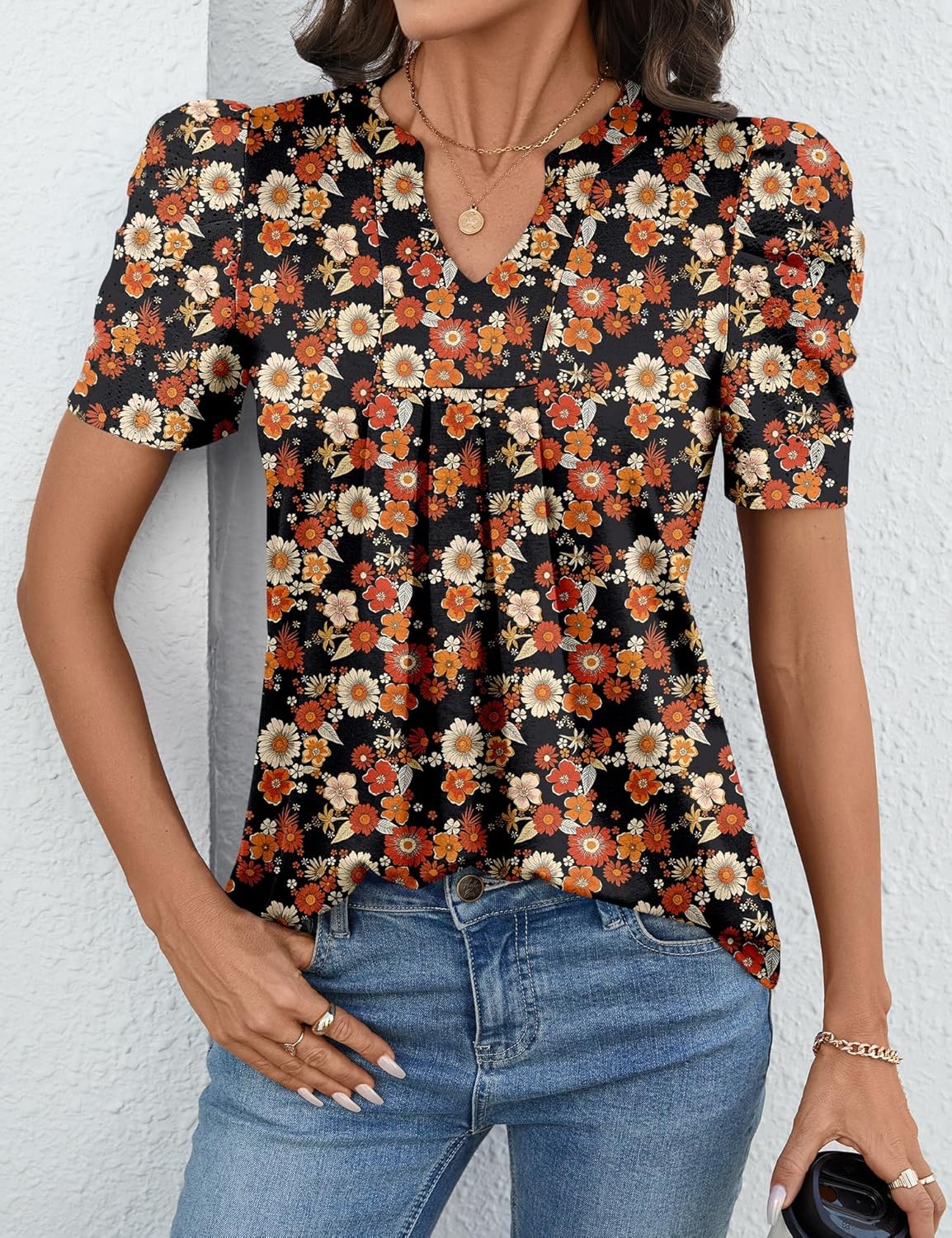 Valentina Haut Femme – Col V, Manches Bouffantes, Blouse Décontractée Élégante