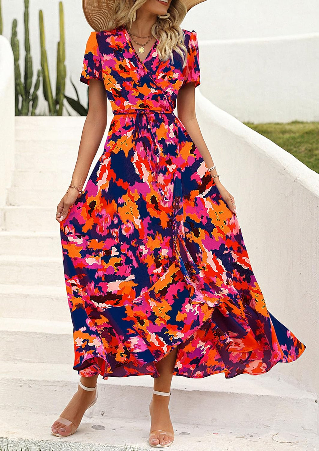 Madriana Robe Femme Maxi Florale – Col en V, Portefeuille, Fente, Ligne A Estivale
