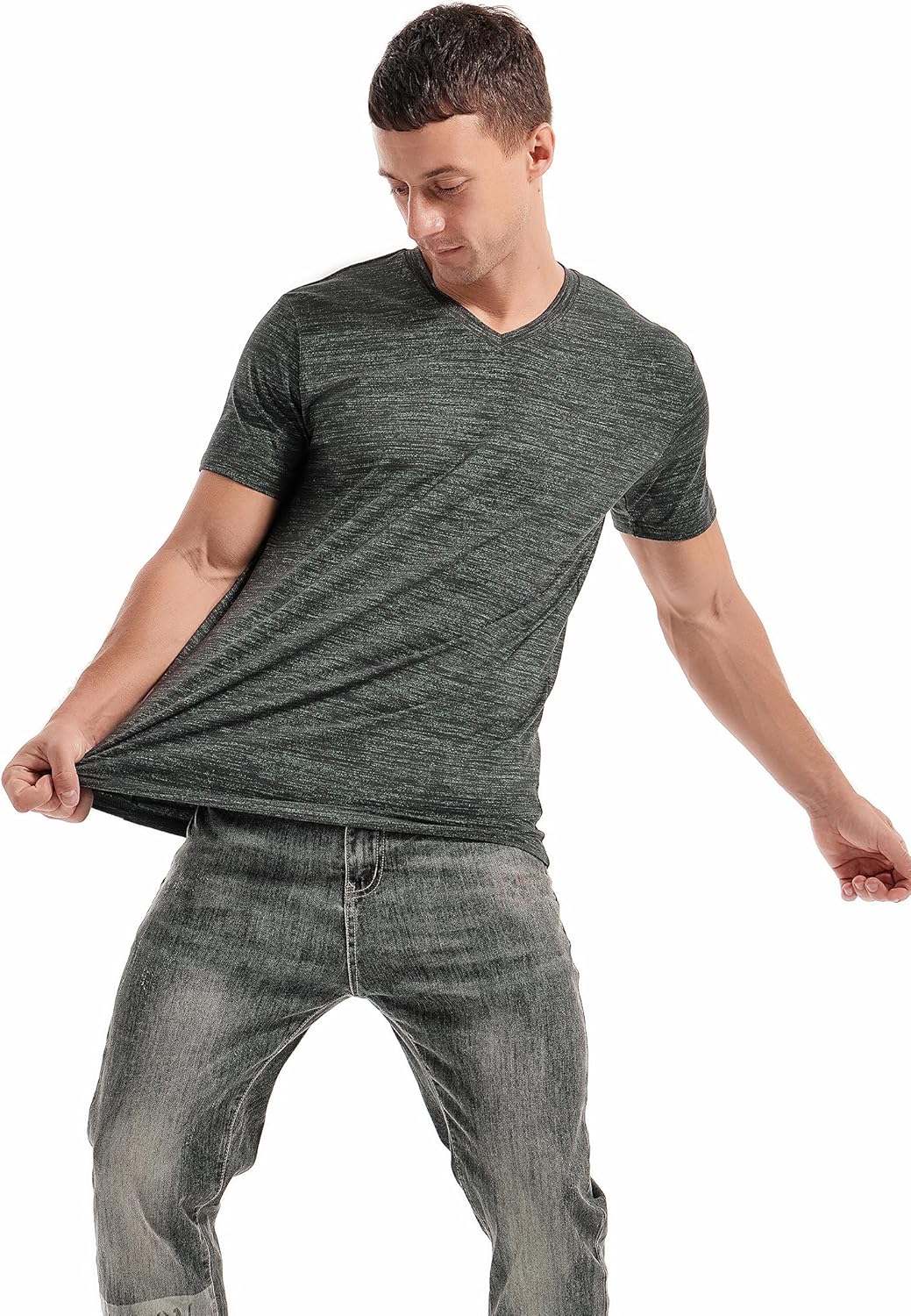 T-shirt Matteo homme avec col en V – T-shirt extensible décontracté en coton