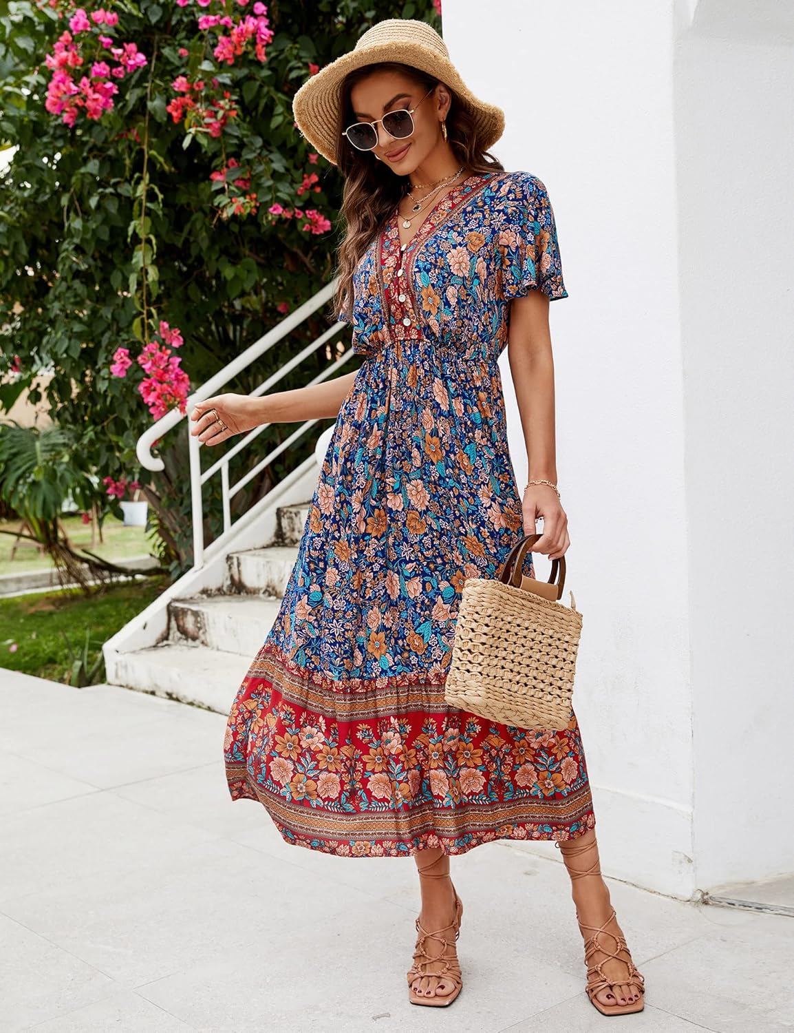 Elisa vestido bohemio midi para mujer – vestido de verano floral con escote en V y volantes