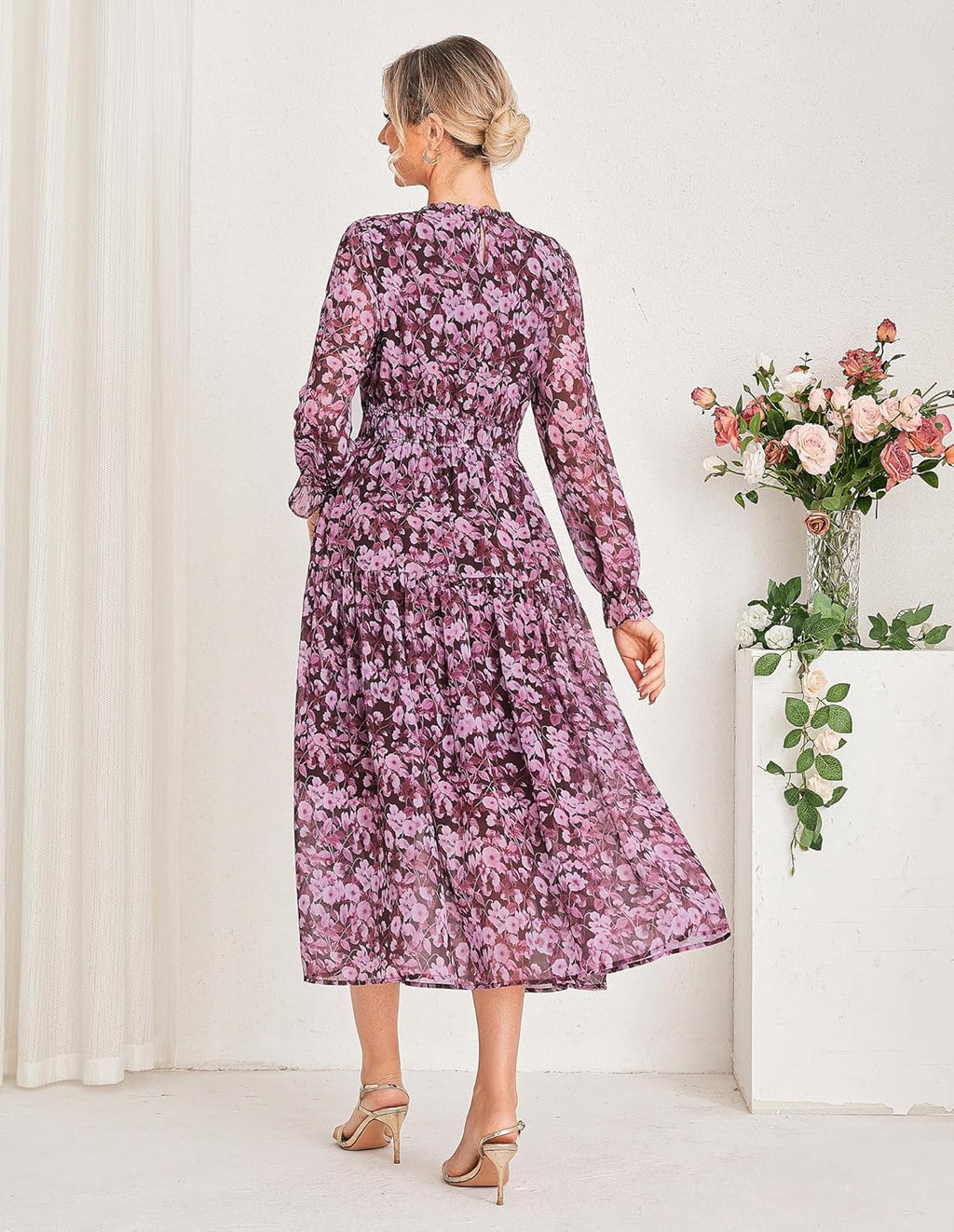 Chiara Robe Femme Maxi en Chiffon – Robe Florale à Manches Longues Élégante