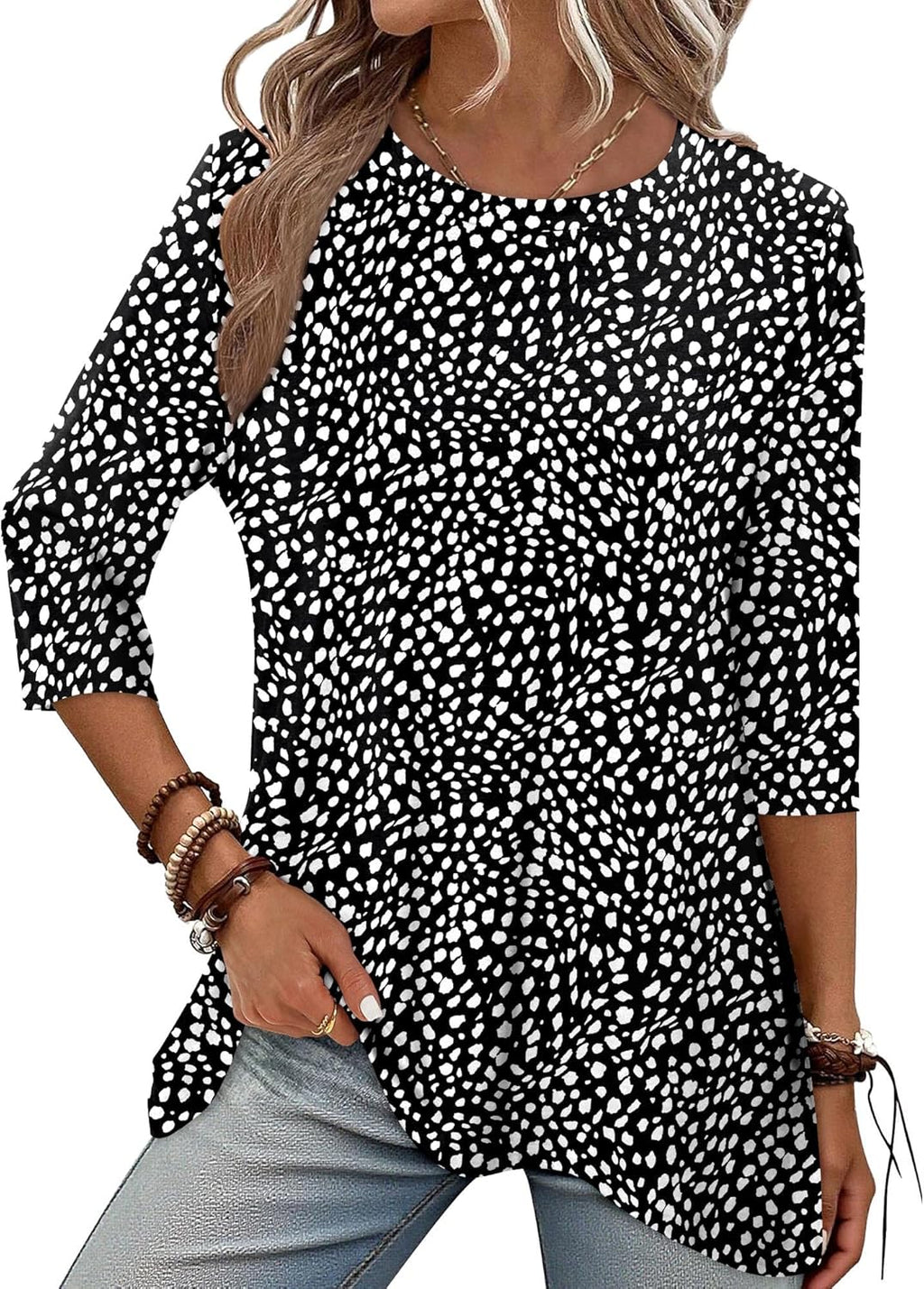 Tunique Elena Femme – Manches 3/4, Longue, Col Rond, Coupe Ample Décontractée Élégante