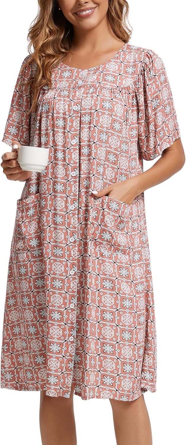 Marta Robe Maison Femme – Robe Confortable en Coton, Boutons et Poches Relax
