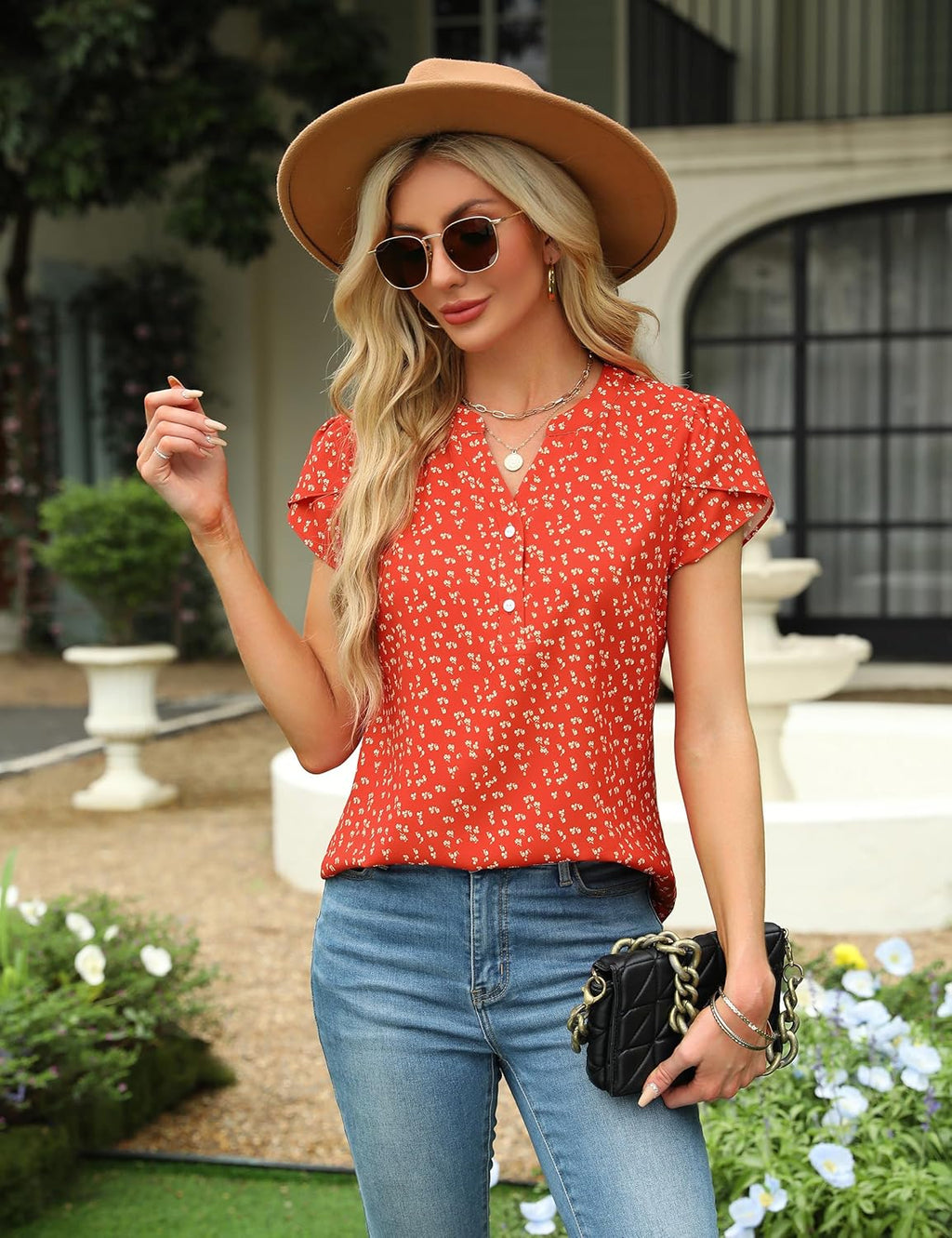 Beatrice Blouse Femme Élégante – Col en V, Boutons, Manches Courtes, Chic Décontracté