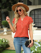 Beatrice Blouse Femme Élégante – Col en V, Boutons, Manches Courtes, Chic Décontracté