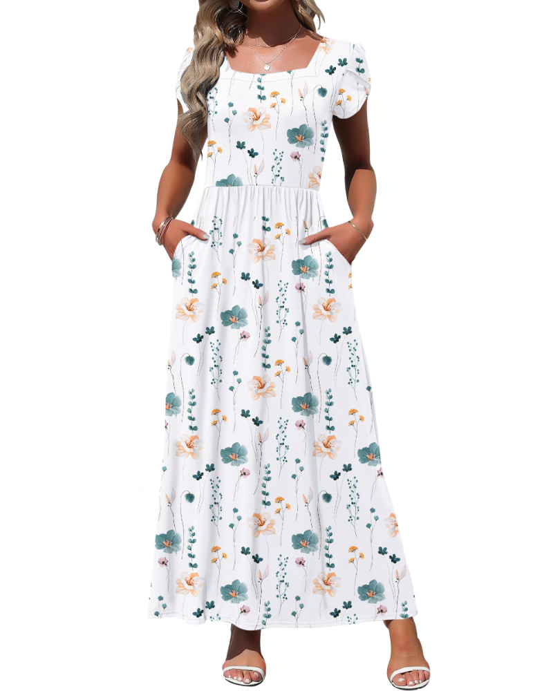 Amelia Vestido largo para mujer – Escote cuadrado, mangas de pétalo y bolsillos laterales