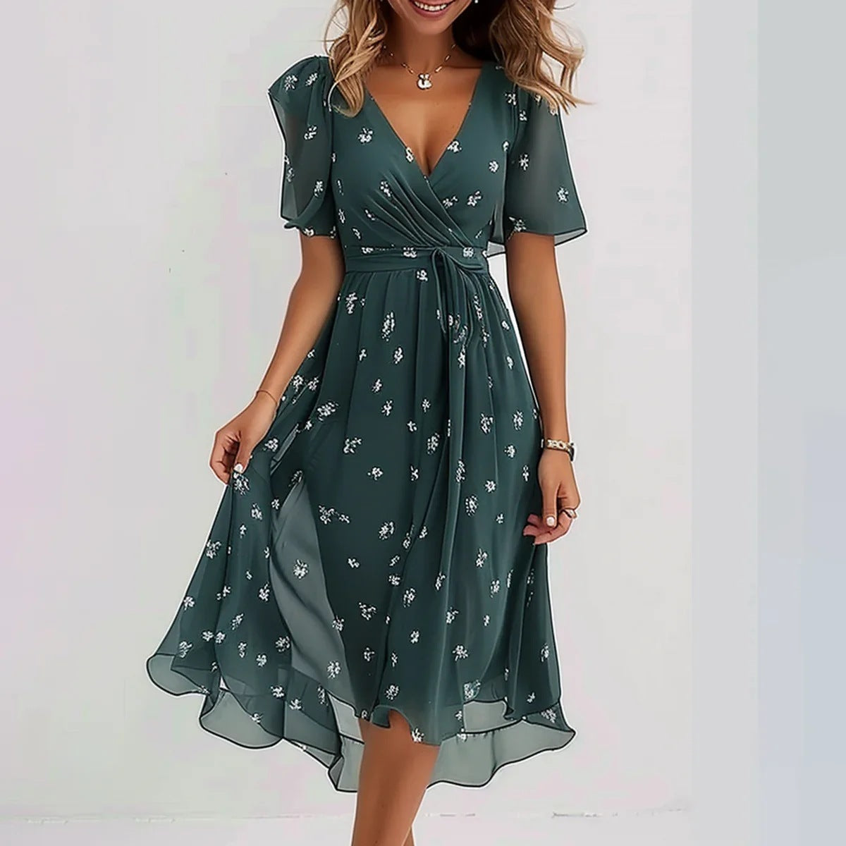 Everly Vestido Midi Mujer – Floral, Escote en V Elegante y Corte Fluido