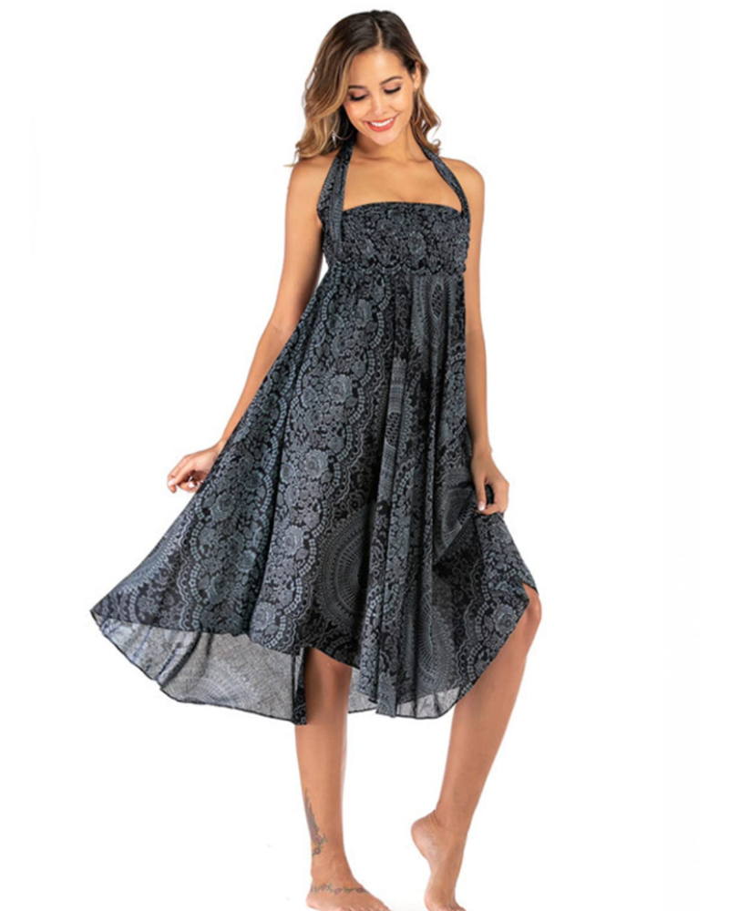 Ophelia Abito Maxi Donna 2 in 1 – Senza Maniche, Stampa Boho e Dettagli Arricciati