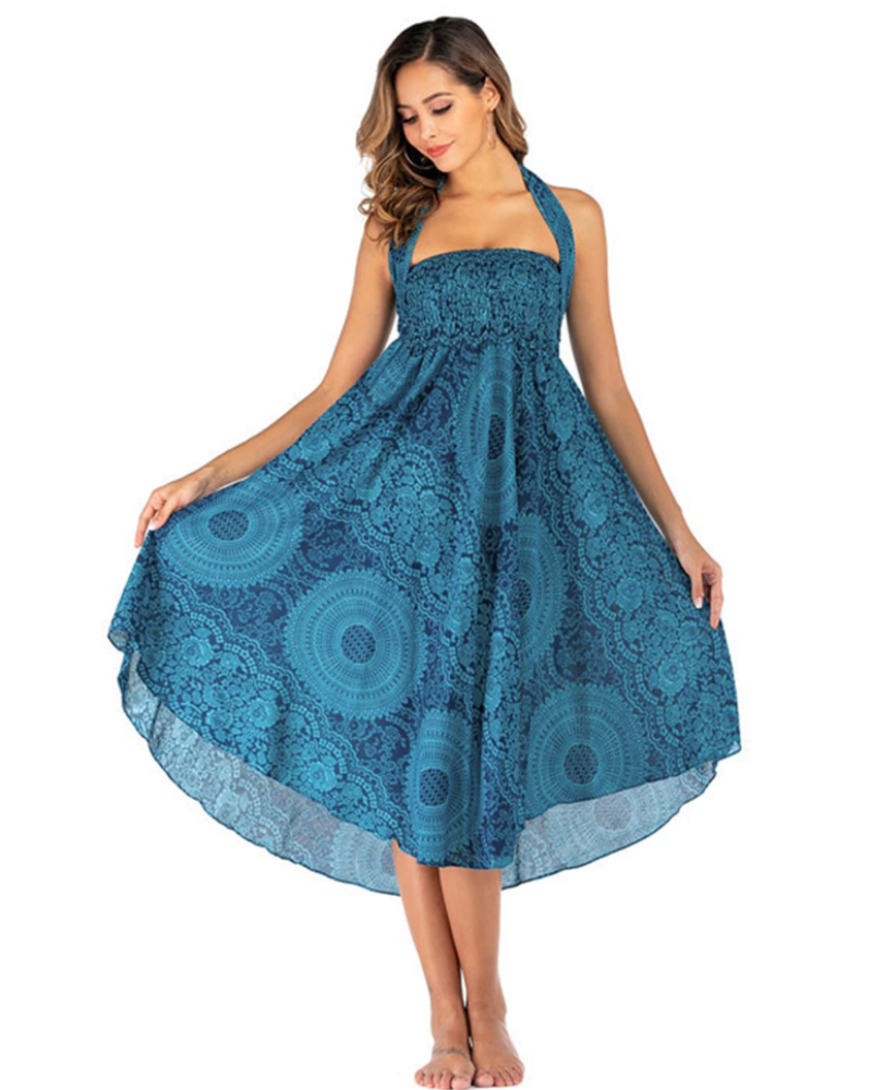 Ophelia Abito Maxi Donna 2 in 1 – Senza Maniche, Stampa Boho e Dettagli Arricciati
