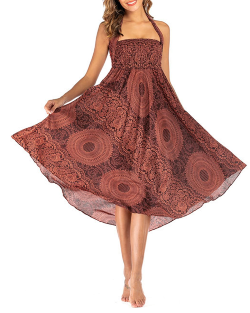 Ophelia Abito Maxi Donna 2 in 1 – Senza Maniche, Stampa Boho e Dettagli Arricciati