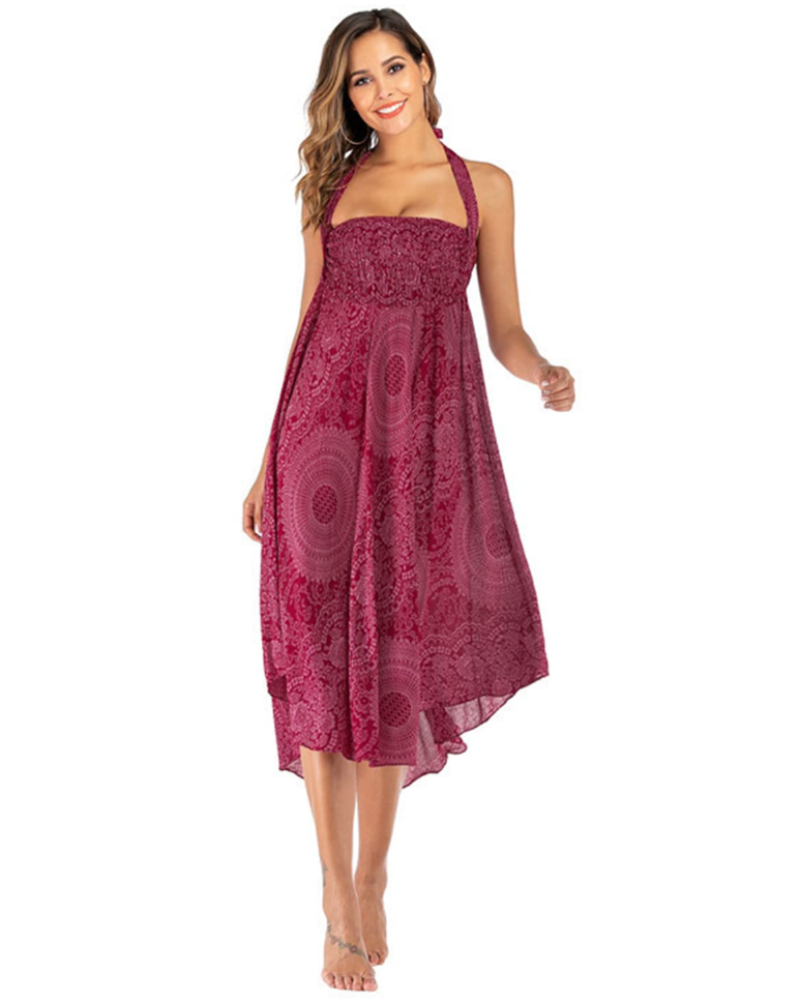 Ophelia Abito Maxi Donna 2 in 1 – Senza Maniche, Stampa Boho e Dettagli Arricciati
