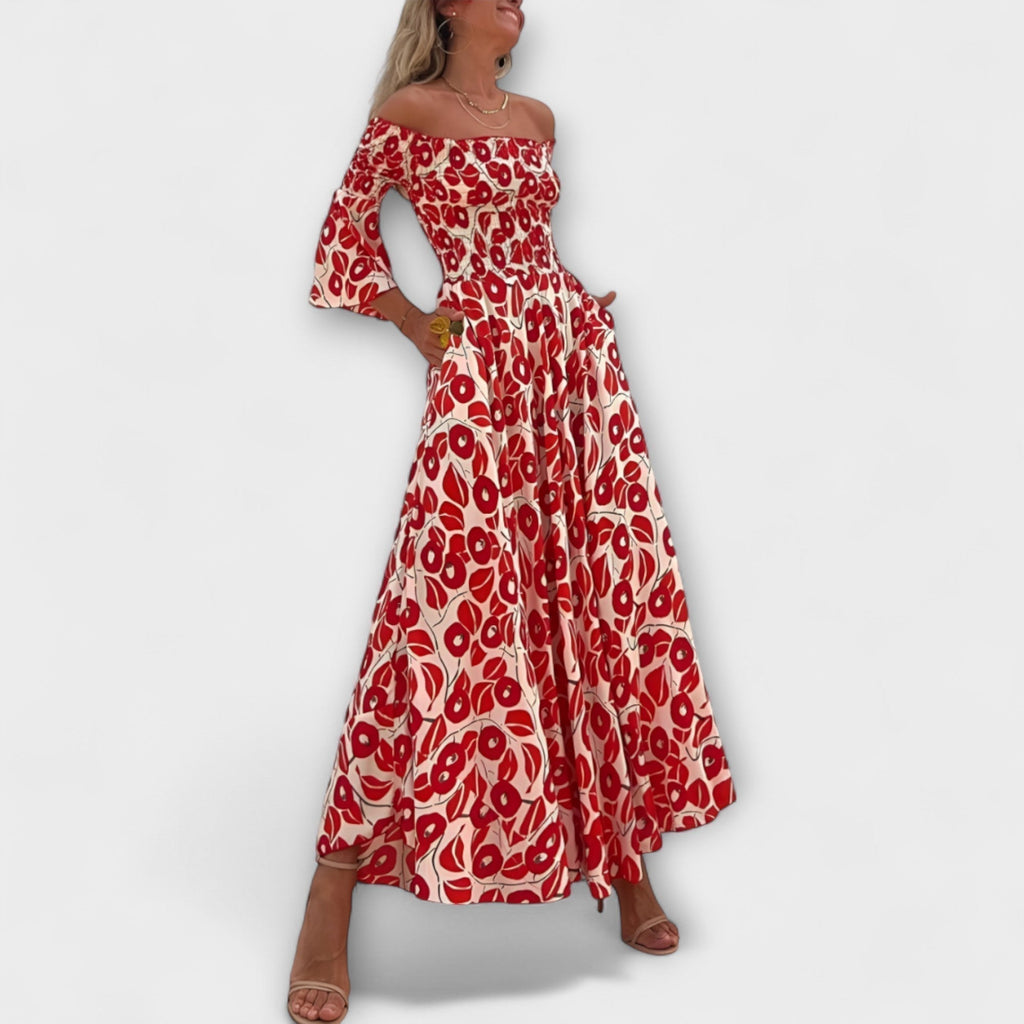 Robe épaules dénudées florale Mar pour femme – Robe élégante fluide en tissu recyclé