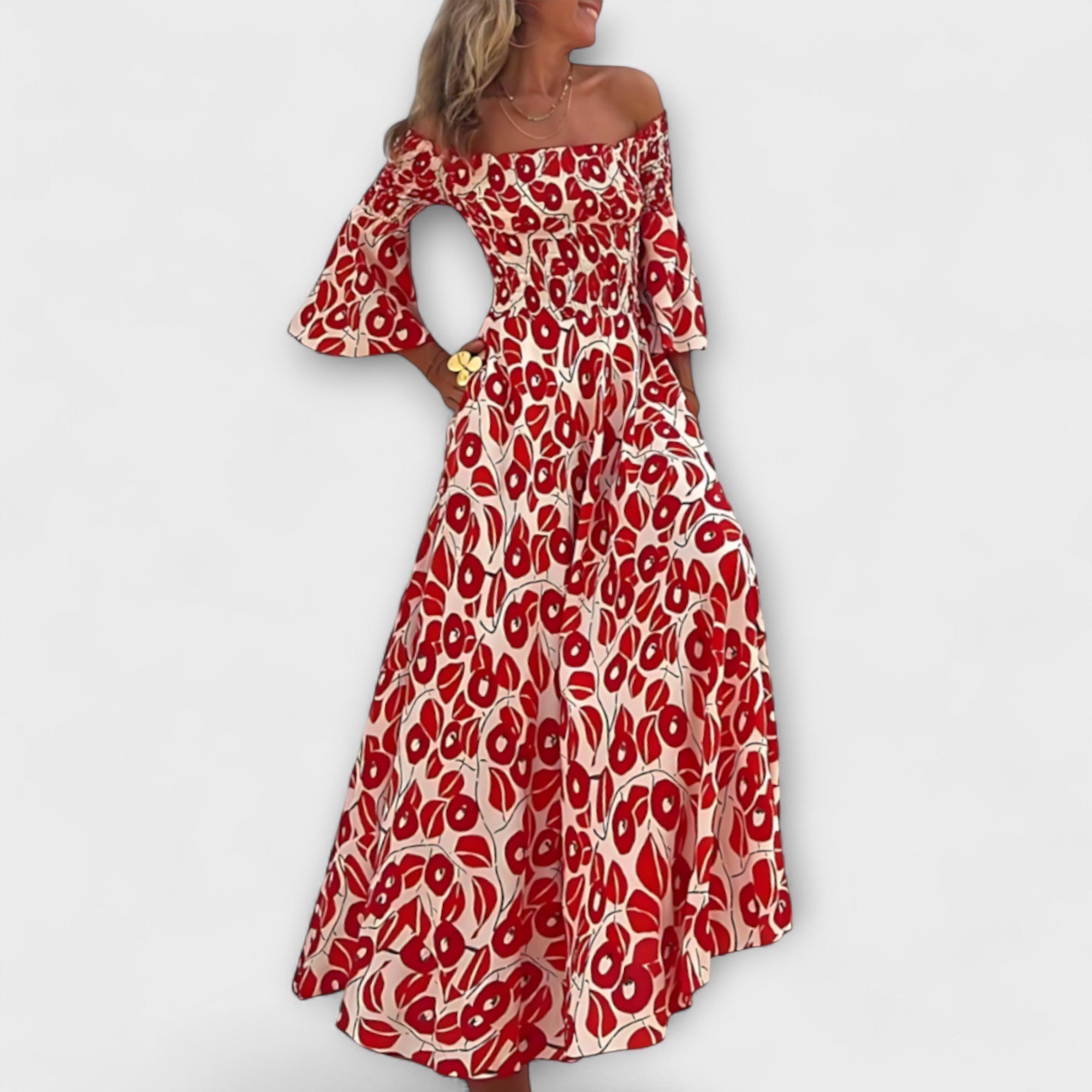 Robe épaules dénudées florale Mar pour femme – Robe élégante fluide en tissu recyclé
