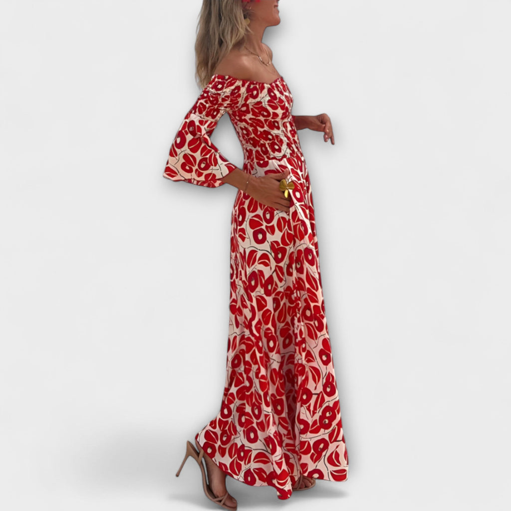 Robe épaules dénudées florale Mar pour femme – Robe élégante fluide en tissu recyclé