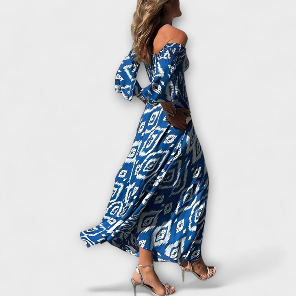 Robe épaules dénudées florale Mar pour femme – Robe élégante fluide en tissu recyclé