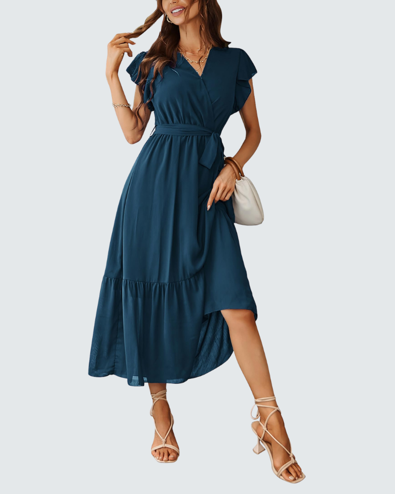 Ava Women's Maxi Dress – Boho Dress with V-Neck, Ruffles, and Belt