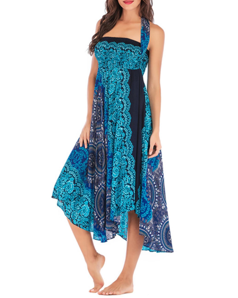 Ophelia Abito Maxi Donna 2 in 1 – Senza Maniche, Stampa Boho e Dettagli Arricciati