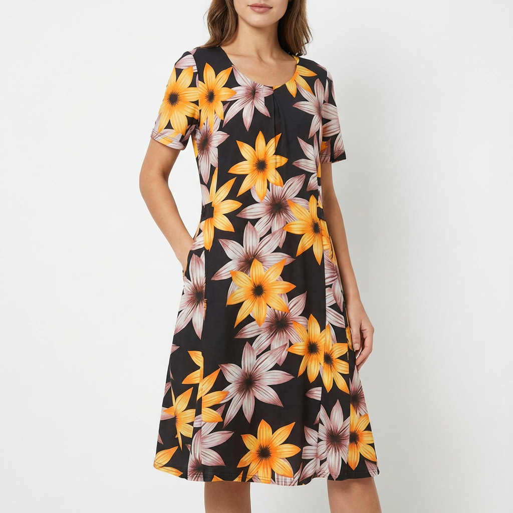 Sofía Vestido Mujer Midi Floral – Línea A, Plisado, Bolsillos Elegantes Casual