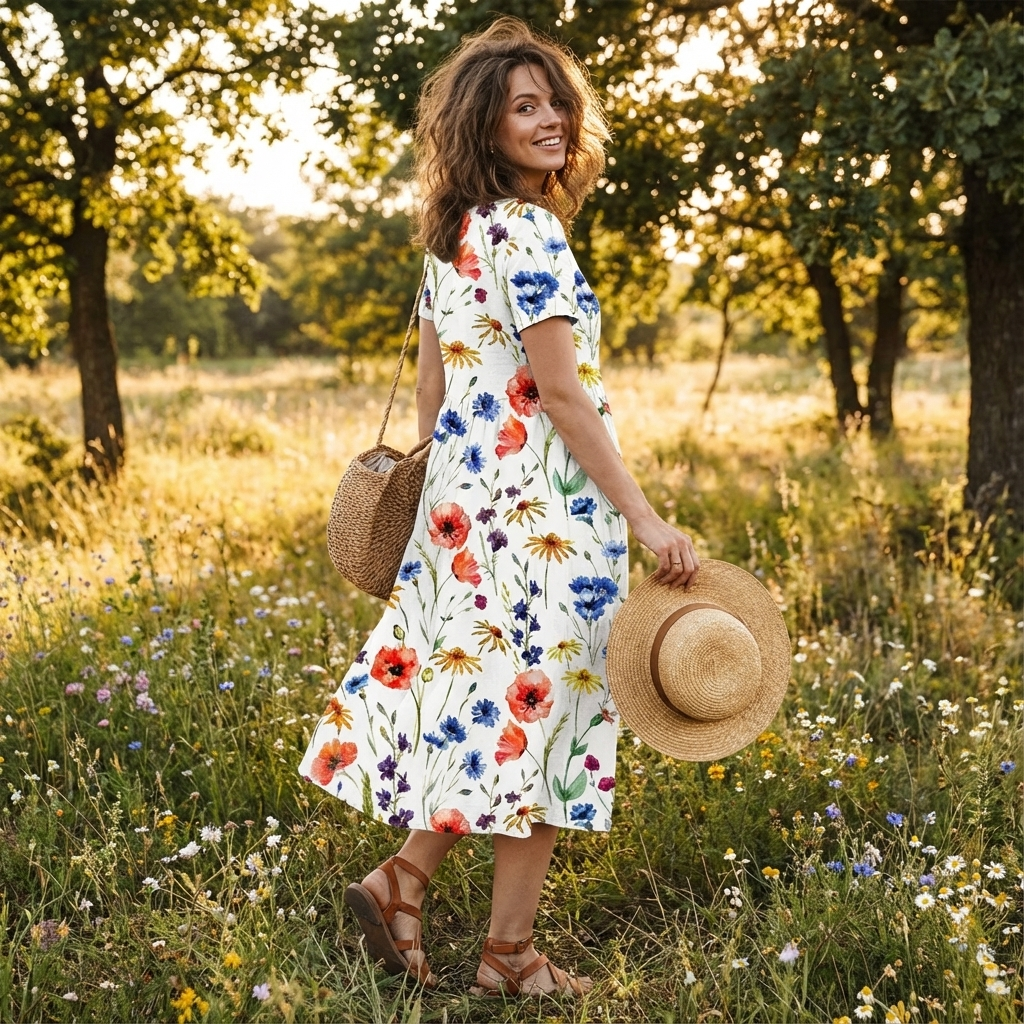 Robe midi florale pour femme Sofia – Ligne A, plissée, poches élégantes décontractées