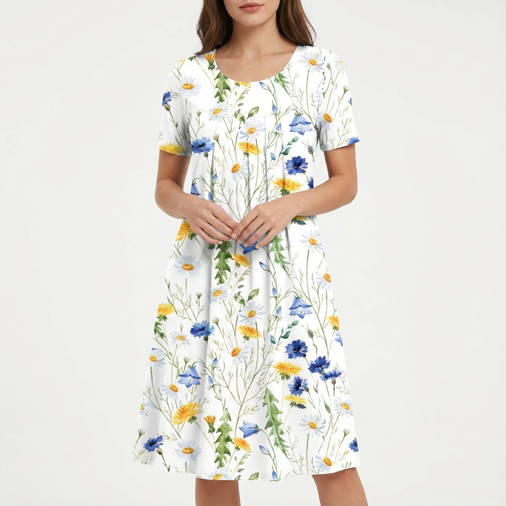Robe midi florale pour femme Sofia – Ligne A, plissée, poches élégantes décontractées