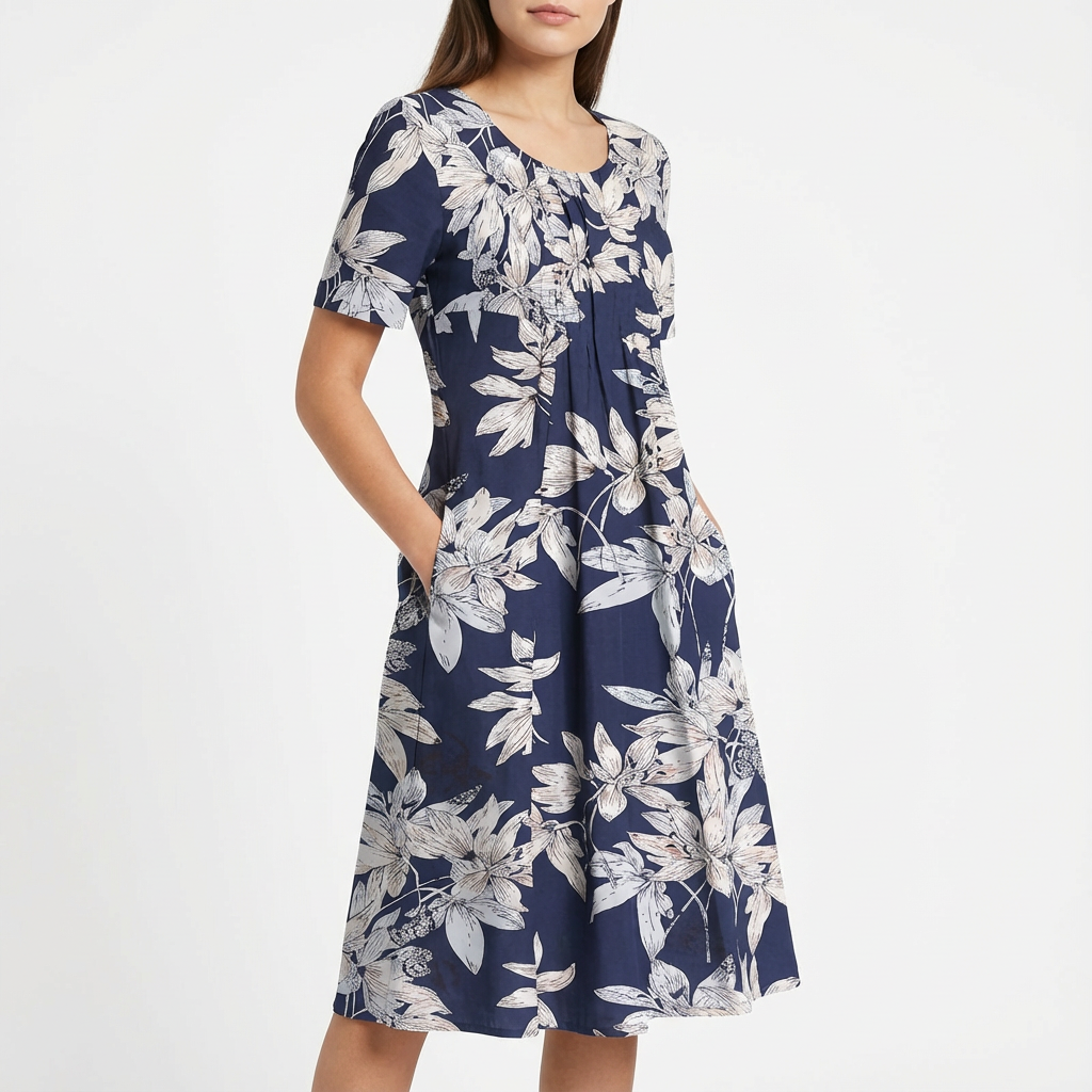 Sofía Vestido Mujer Midi Floral – Línea A, Plisado, Bolsillos Elegantes Casual