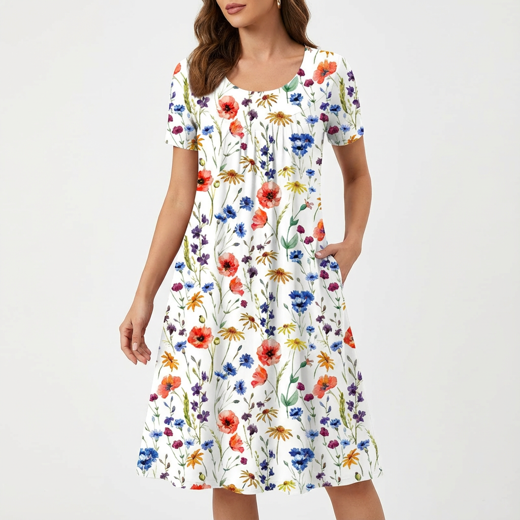 Sofía Vestido Mujer Midi Floral – Línea A, Plisado, Bolsillos Elegantes Casual