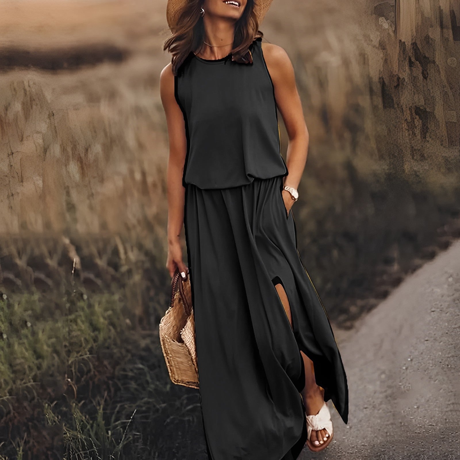 Firenze Vestido Mujer Maxi Elegante – Vestido Largo Sin Mangas, Fluido Vintage Chic