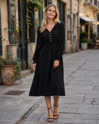 Lily Women's Dress – Midi Dress with V-Neck, Elastic Waist & Long Sleeves