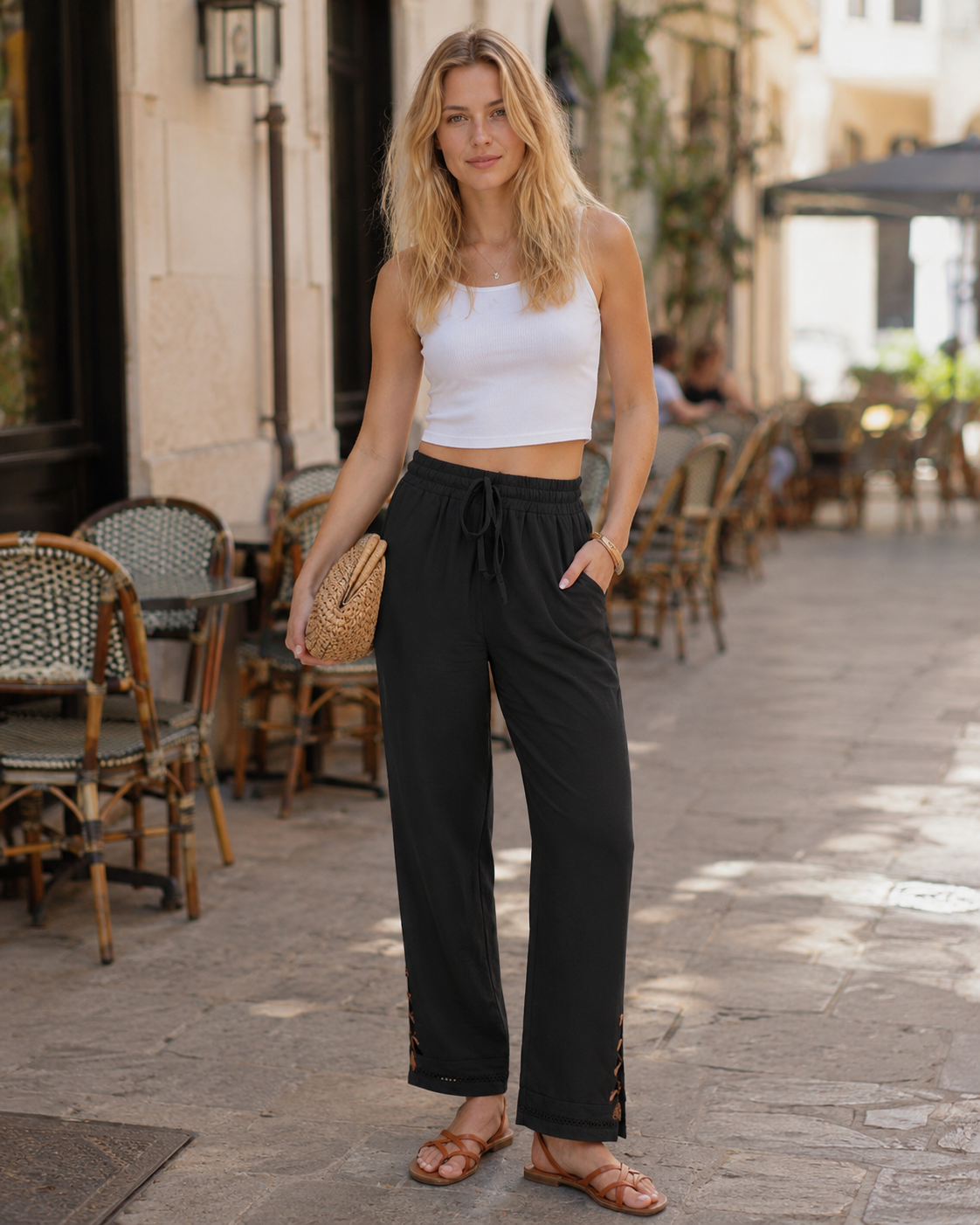 Hazel Damen-Caprihose – Weiches Polyester, Kordelzug und Saum mit Knöpfen