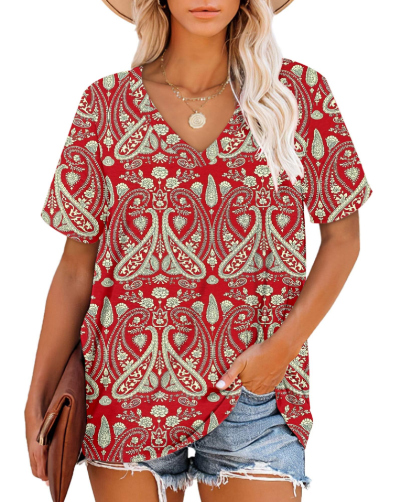 Camiseta Grace para mujer – Top con escote en V, mangas a rayas y ajuste holgado
